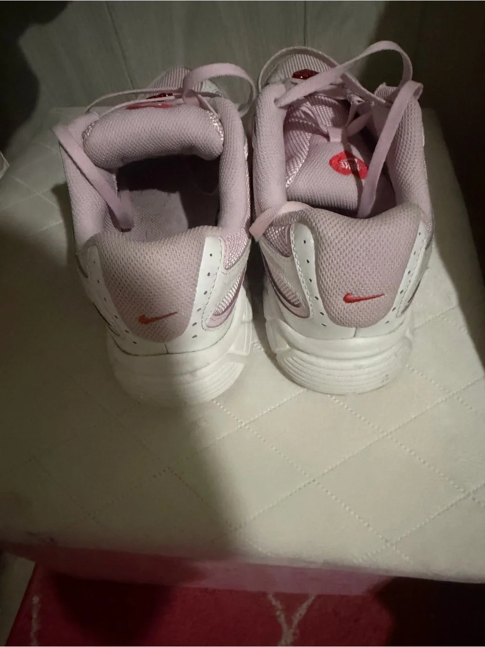 Nike White and Light Pink Sneakers with Red Swoosh